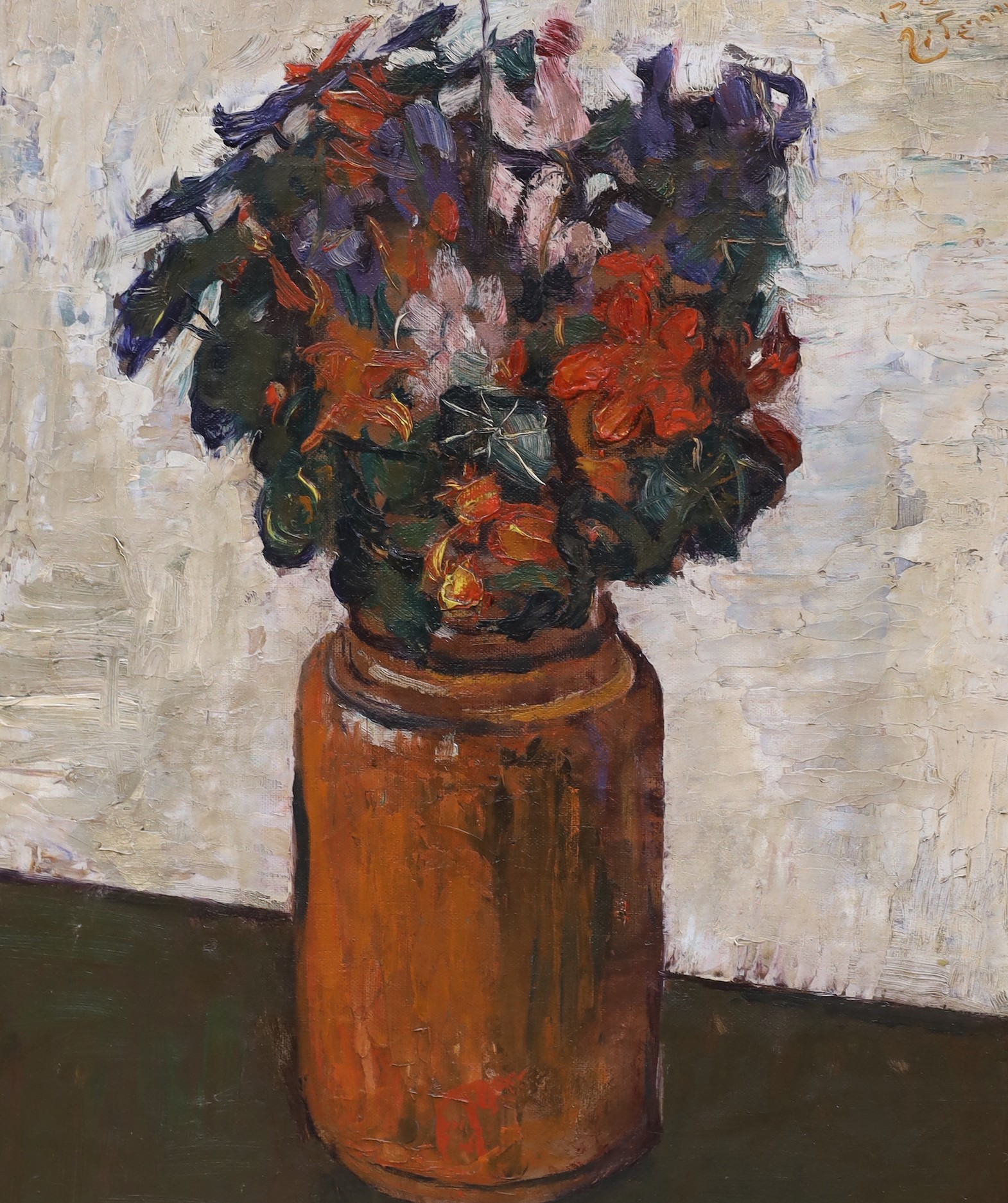 Continental School, oil on canvas laid on board, Still life of flowers in a vase, indistinctly signed, 43 x 36cm